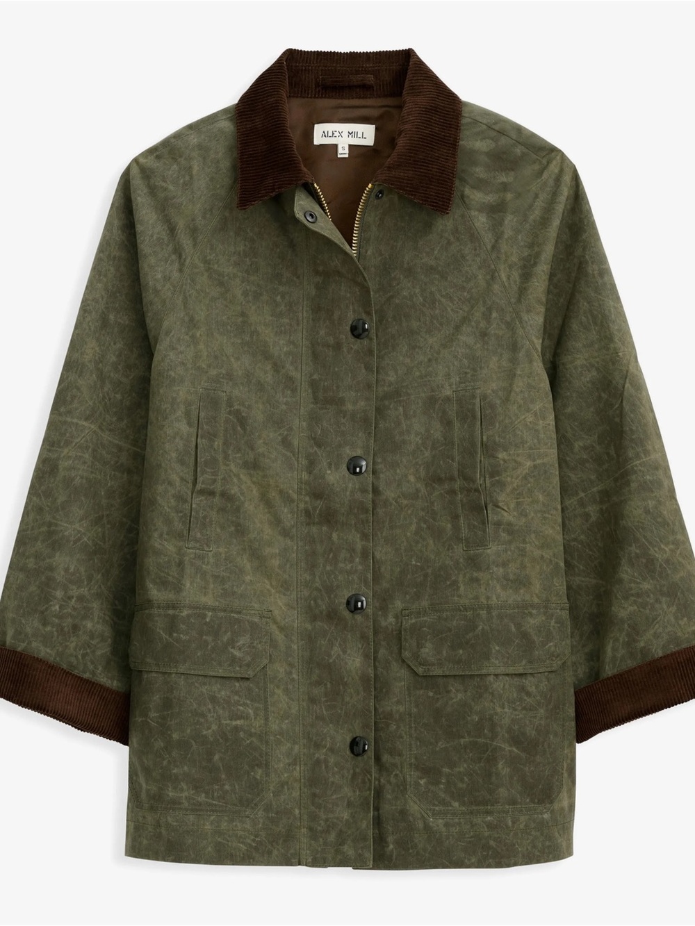 NWT ALEX MILL Chilton Street Waxed Barn Jacket- Olive with Brown Corduroy Collar